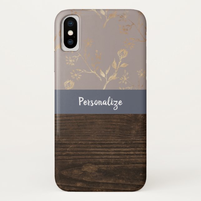 Capa Para iPhone, Case-Mate Madeira Rústica Escura Elegância e Dourada Floral  (Verso)