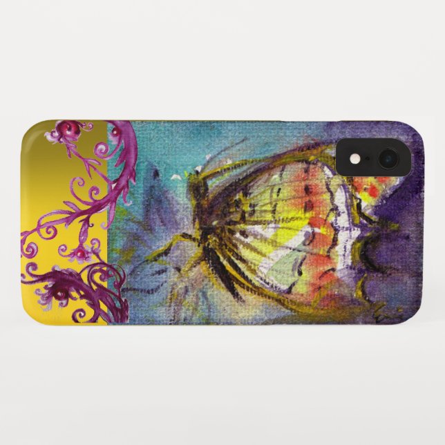 CAPA PARA iPhone, Case-Mate  MAGIC BUTTERFLY, PINO FLORAL AZUL DOURADO AMARELO (Verso (Horizontal))
