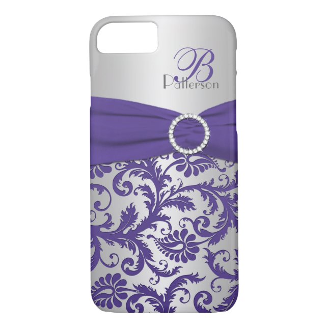 Capa Para iPhone, Case-Mate Mala Monograma Roxo e Silver Damask iPhone 7 (Verso)
