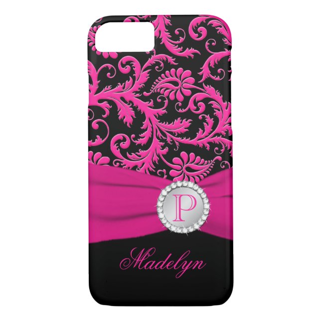 Capa Para iPhone, Case-Mate Maleta iPhone 7 Preta Prateada Monograma Rosa (Verso)