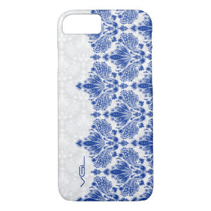 Capa iPhone 8/ 7 Marinho Azul e Damascos Florais Brancos