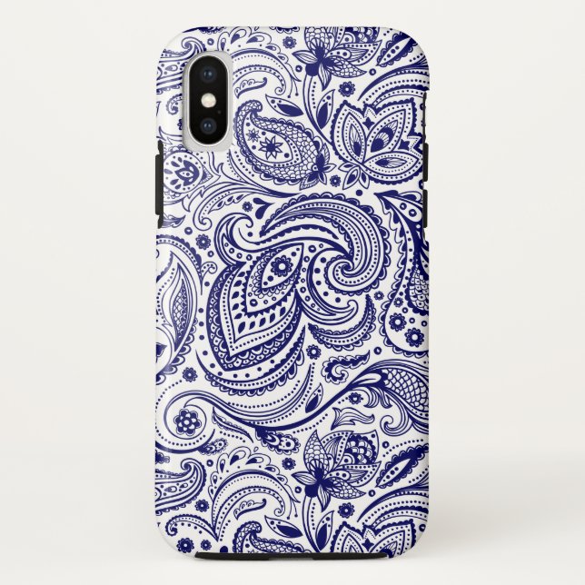 Capa Para iPhone, Case-Mate Marinho-padrão floral da vinheta azul e branca (Verso)