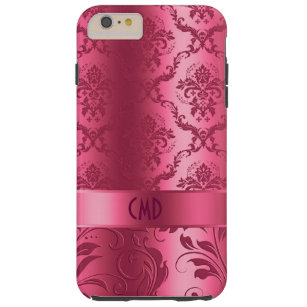 Capa Tough Para iPhone 6 Plus Maroon Red Floral Damasco Elegante