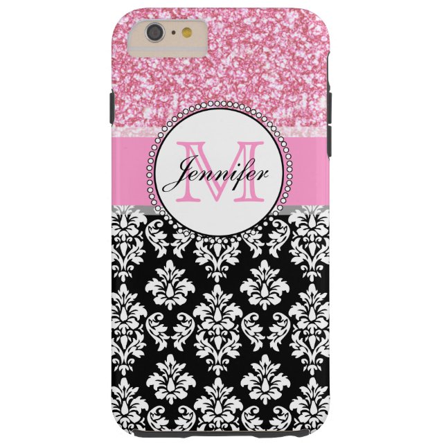 Capa Para iPhone, Case-Mate Menina, Rosa, Negro Brilhante, Damasco Personaliza (Verso)