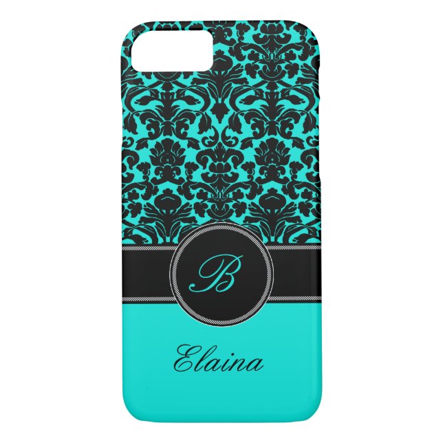 Capa Para iPhone, Case-Mate Monograma Aqua, Preto, Damasco Branco iPhone 7 Cas (Verso)