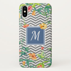 Capa Para iPhone X Monograma azul chique floral alaranjado à moda de