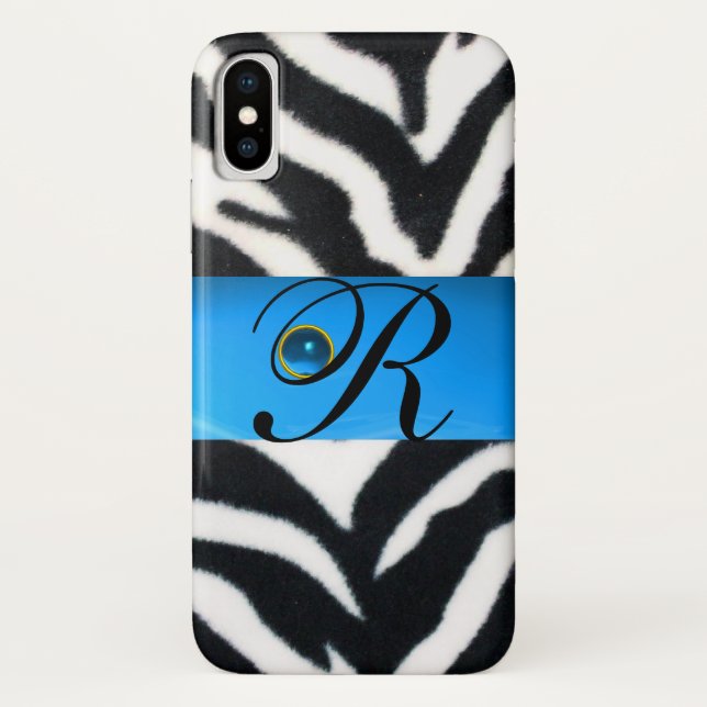 CAPA PARA iPhone, Case-Mate  MONOGRAMA AZUL DE GEM AZUL DE ZEBRA BRANCA PRETA, (Verso)
