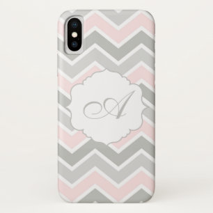 Capa Para iPhone X Monograma cor-de-rosa e cinzento de Chevron do