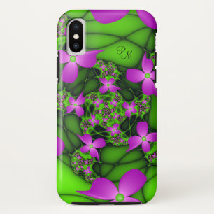 Capa Para iPhone X Monograma das Flores Fractais Verdes, Rosa Neon Mo