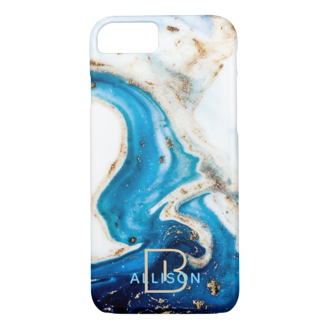 Capa Para iPhone, Case-Mate Monograma de Arte Abstrata Mármore Azul Branco Dou (Verso)