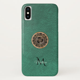 Capa Para iPhone X Monograma de bronze de couro verde do nó de