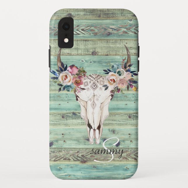 Capa Para iPhone, Case-Mate Monograma de caveira de vaca de madeira turquesa o (Verso)