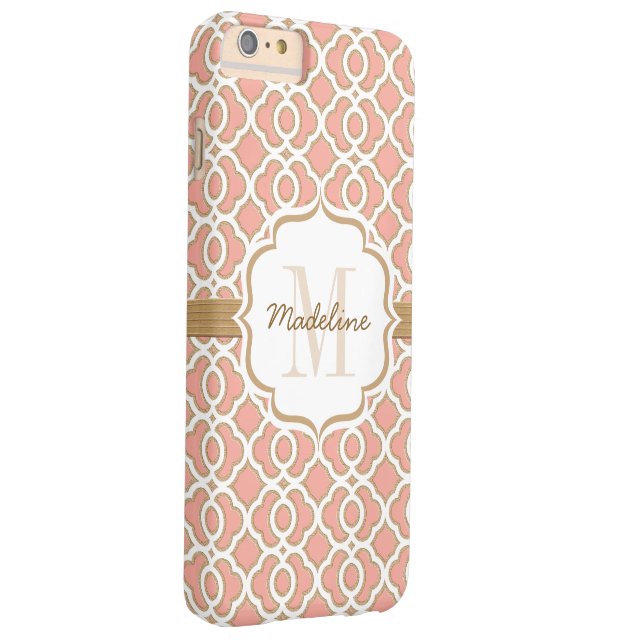 Capa Para iPhone, Case-Mate Monograma de Coral e Quatrefoil Dourado (Verso/Direita)