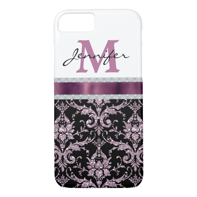 Capa Para iPhone, Case-Mate Monograma de Diamante Violet Pink Damask Faux (Verso)