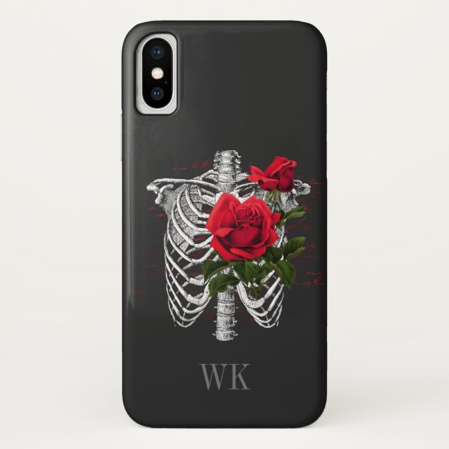 Capa Para iPhone, Case-Mate Monograma de Esqueleto de Rosas Vermelhas Góticas  (Verso)