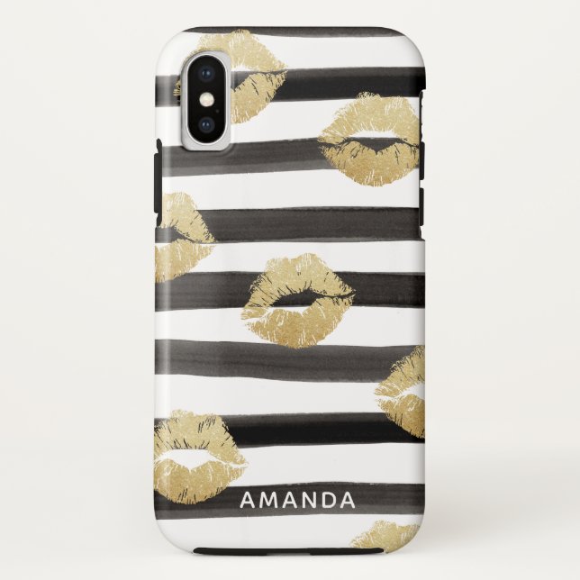 Capa Para iPhone, Case-Mate Monograma de Lábios e Stripes Dourados de Glitter (Verso)