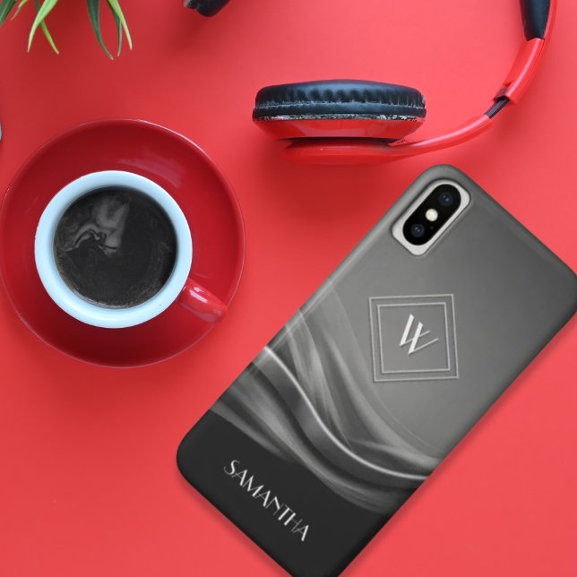 Capa Para iPhone, Case-Mate Monograma de luxo metálico preto chic (Criador carregado)