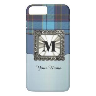 Capa iPhone 8 Plus/7 Plus Monograma de xadrez de tartã azul personalizado