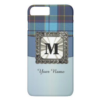 Capa iPhone 8 Plus/7 Plus Monograma de xadrez de tartã azul personalizado