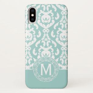 Capa Para iPhone X Monograma do Damasco Branco Azul
