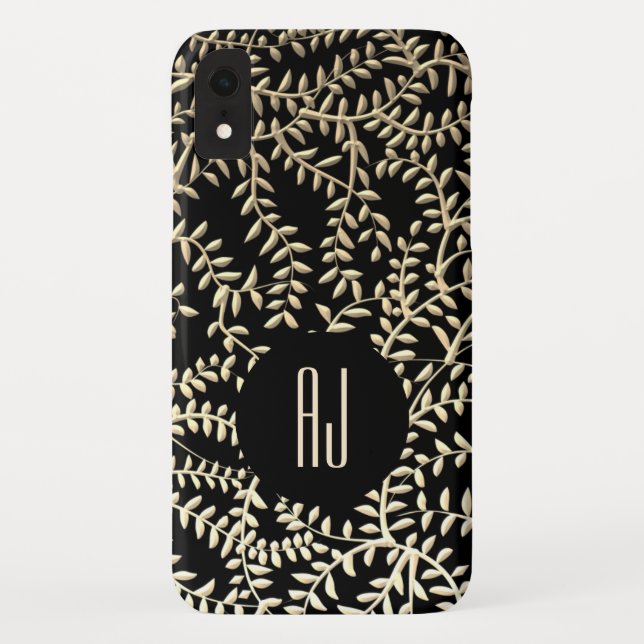 Capa Para iPhone, Case-Mate Monograma do Glam Black e Dourado Floral Swirls Mo (Verso)