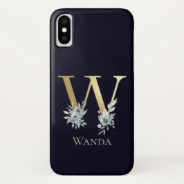 Capa Para iPhone Da Case-Mate Monograma Dourado de luxo - Letra W, Azul Floral