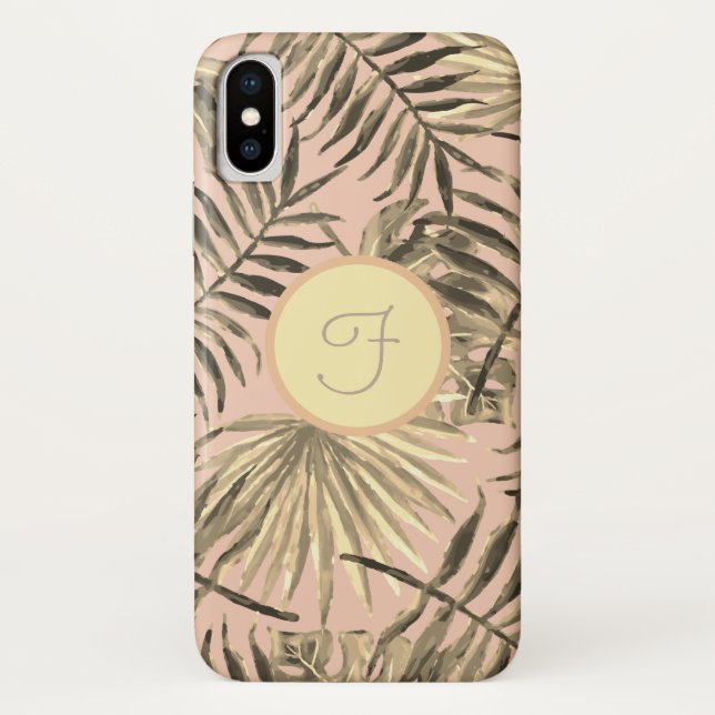 Capa Para iPhone, Case-Mate Monograma dourado rosa tropical de folha de palmei (Verso)