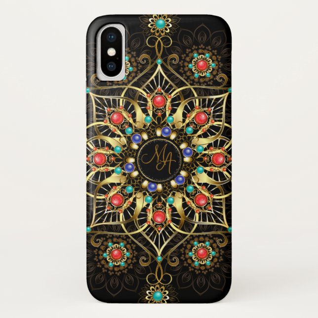 Capa Para iPhone, Case-Mate Monograma Dourado Turquiose Red Mandala Jewel (Verso)