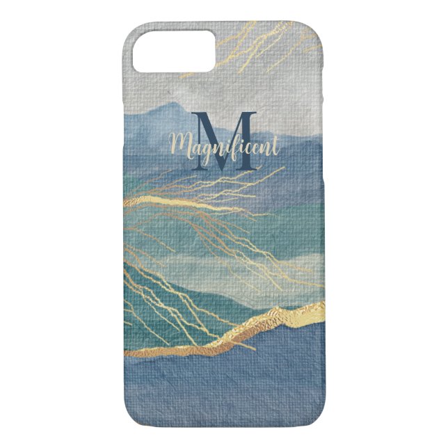 Capa Para iPhone, Case-Mate Monograma Elegante Dourada Paisagem Azul (Verso)