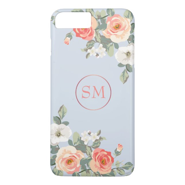 Capa Para iPhone, Case-Mate Monograma Floral Azul Dusty Rosa Peach (Verso)