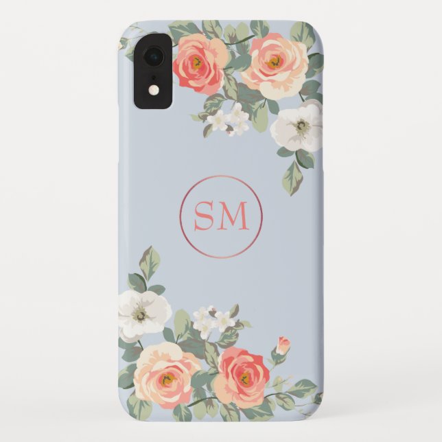 Capa Para iPhone, Case-Mate Monograma Floral Azul Dusty Rosa Peach (Verso)