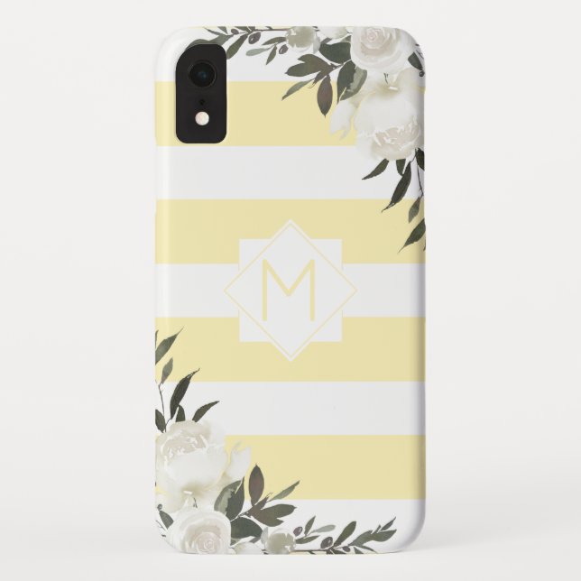 Capa Para iPhone, Case-Mate Monograma Floral com Faixa Amarela com Rosas Branc (Verso)