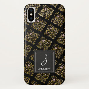 Capa Para iPhone Da Case-Mate Monograma floral da folha cor-de-rosa, preta e