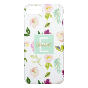 Capa iPhone 8/ 7 Monograma Floral de Vinho Borgonhado e Cor de Água