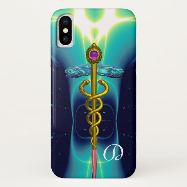 Capa Para iPhone, Case-Mate MONOGRAMA MÉDICA DO CADUEUE Dourado, azul-marinho (Verso)