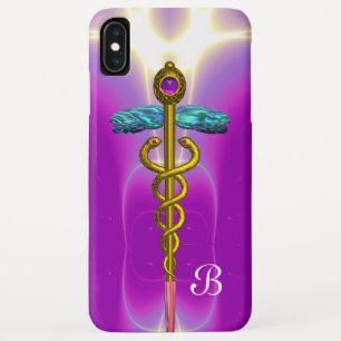 Capa Para iPhone XS Max MONOGRAMA MÉDICA Dourada CADUEUS, Fúcsia Rosa