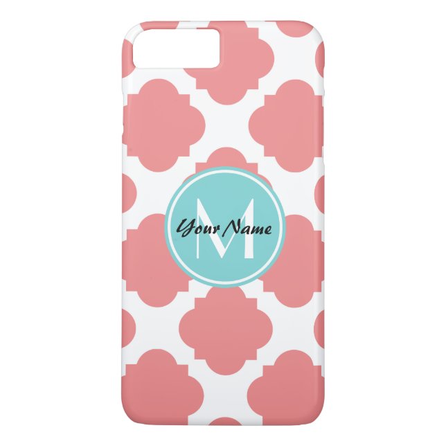 Capa Para iPhone, Case-Mate Monograma Personalizado de Mint Quatrefoil Coral | (Verso)