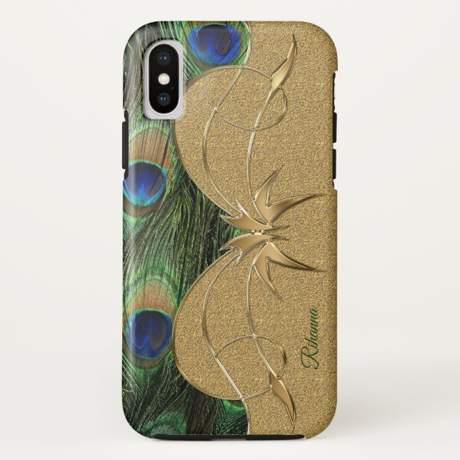 Capa Para iPhone, Case-Mate Monograma Personalizado de Ouro de Penas de Peacoc (Verso)