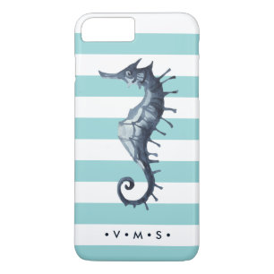 Capa iPhone 8 Plus/7 Plus Monograma personalizado do Aqua cavalo marinho