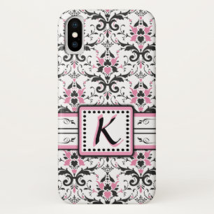 Capa Para iPhone X Monograma preto e cor-de-rosa do damasco