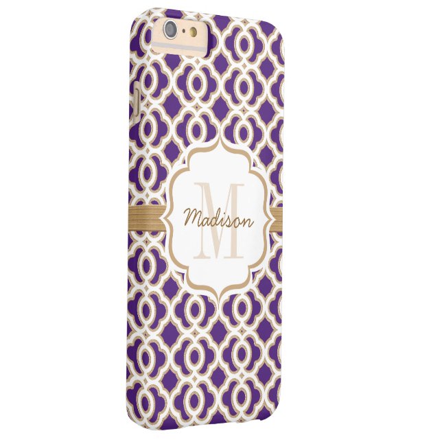 Capa Para iPhone, Case-Mate Monograma, Púrpura e Quatrefoil Dourado (Verso/Direita)