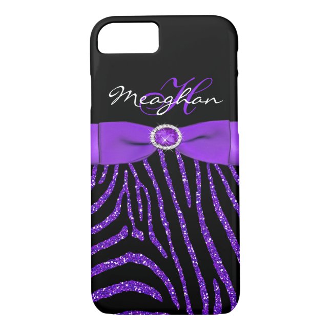 Capa Para iPhone, Case-Mate Monograma roxo, caixa preta do iPhone 7 da zebra (Verso)