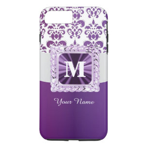 Capa iPhone 8 Plus/7 Plus Monograma roxo e damasco branco