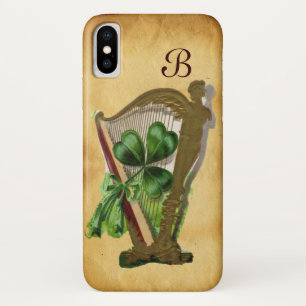 CAPA PARA iPhone DA Case-Mate MONOGRAMA VERDE DO PERGAMINHO DA HARPA DO TREVO