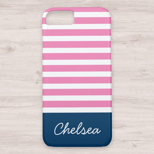 Capa Para iPhone, Case-Mate Na moda Rosa Stripes Azul Nome (Criador carregado)