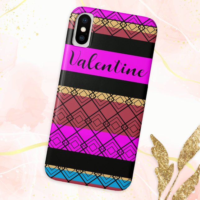 Capa Para iPhone, Case-Mate Namorados Elegante Na moda de Boho Padrão Sumituos (A phone case with 'Valentine' in romantic script typography, with geometric design in rich colors)