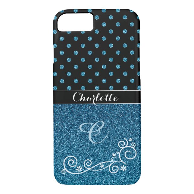 Capa Para iPhone, Case-Mate Nome do Monograma do Glitter Azul Personalizado (Verso)