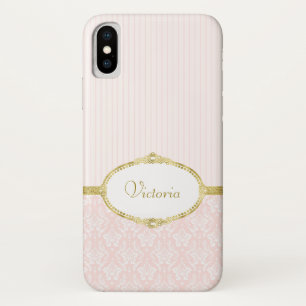Capa Para iPhone X Nome e quadro Dourados do Damasco Rosa Elegante