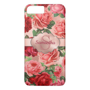 Capa iPhone 8 Plus/7 Plus Nome floral dos rosas rosas vermelha elegantes