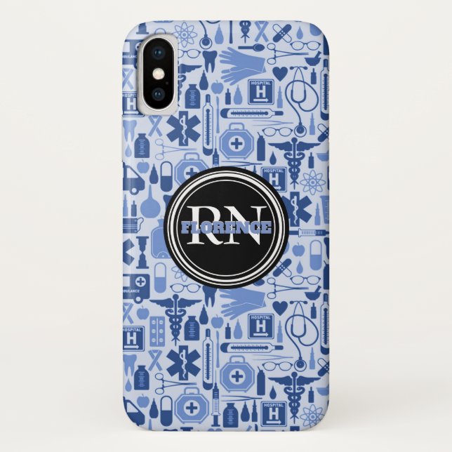 Capa Para iPhone, Case-Mate Nome médico do azul do teste padrão da enfermeira (Verso)